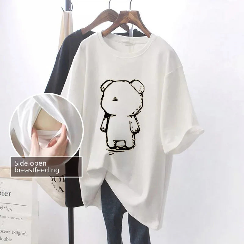 Fashionable Breastfeeding Top Short Sleeve Crew Neck T-shirt Versatile Summer Outdoor Wear For Mothers Simple Top For Feeding