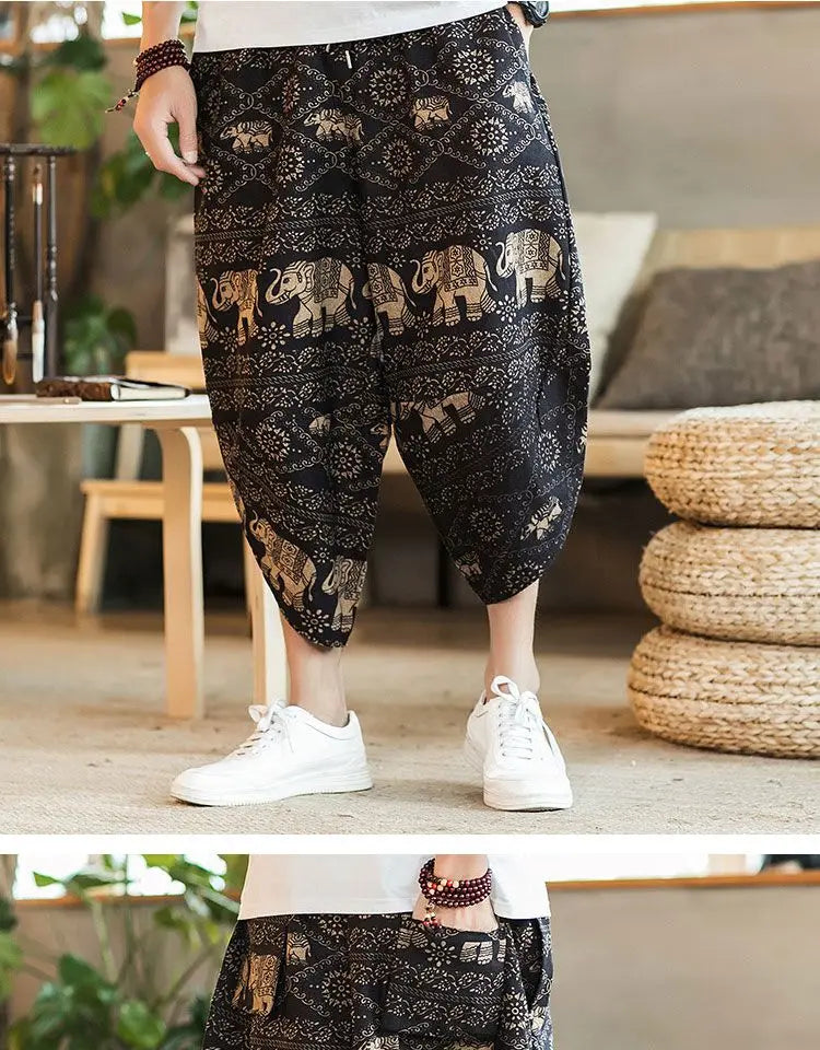 Men's Casual Cotton Linen Seven-Foot Pants Summer plus Size Lantern Loose Fit Shorts Harlan Style Comfortable Breathable Leis...