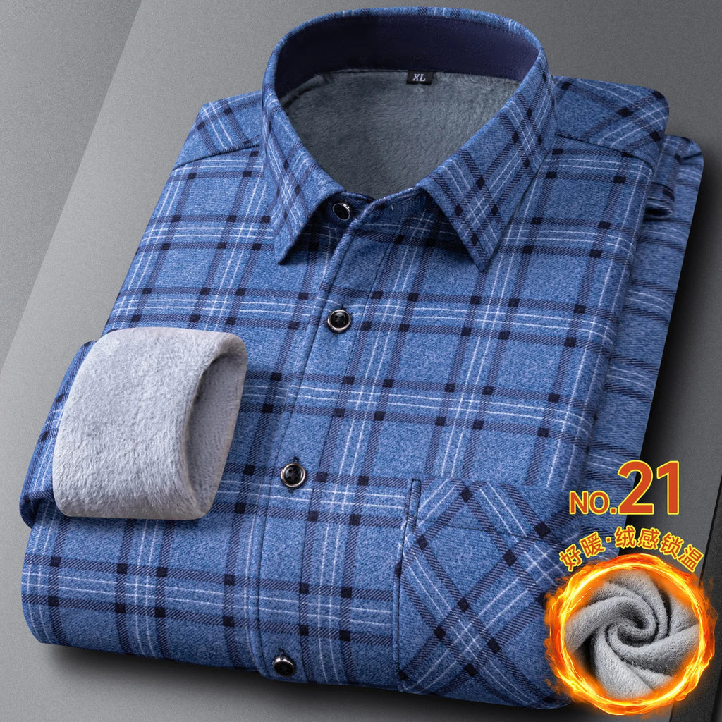 New In Tops Men's Thicken Flannel Fur Lined Shirts Autumn Winter Plus Sized Warm Long Sleeved Plaid Business Casual Slim Clothes