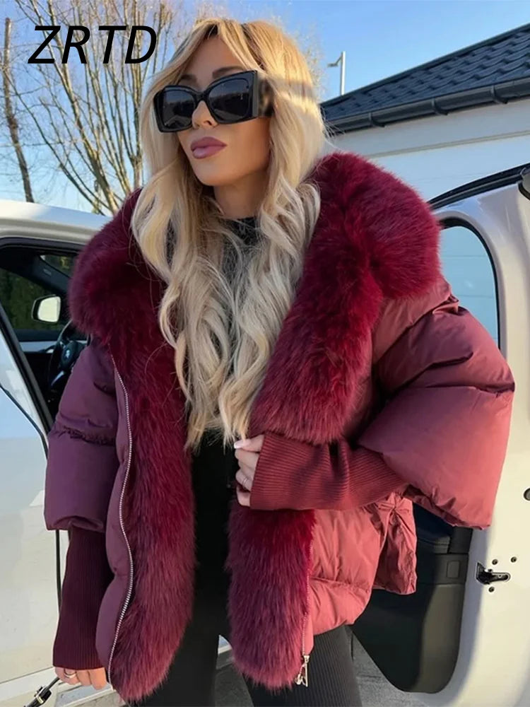 Fashion Women's Faux Fur Hooded Winter Jackets 2025 Warm Patchwork Zipper Full Sleeve Coats Puffer Female Solid Down Jacket