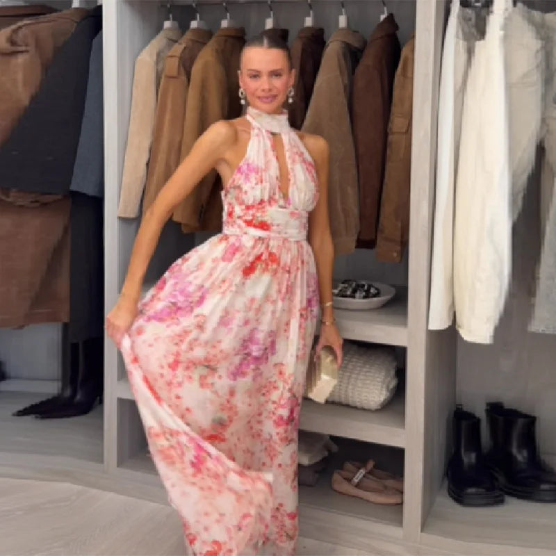 Floral Print Halter Maxi Dress Women Spring V Neck A Line Vacation Vestidos Backless Sleeveless Robes 2026 NEW Lady Long Dresses