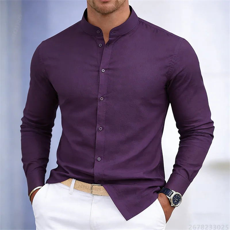 Men's stand-up collar white or black long-sleeved shirt, solid color shirt, slim fit business casual men's top, sizes XS-6XL.