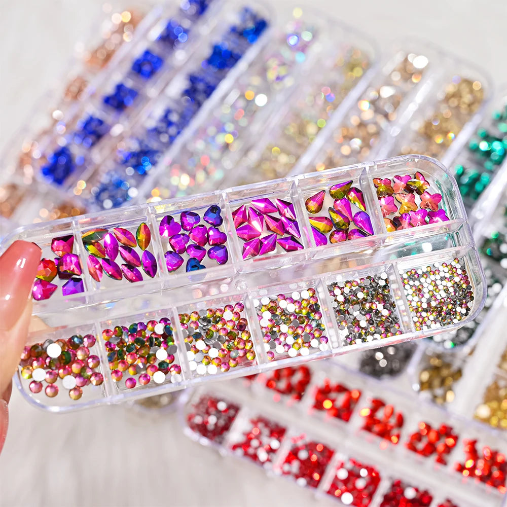 12Grids 3D Gold/Champagne Nail Art Rhinestones Mixed-Shapes Flat-Back Glass Diamonds Nails Charms Luxury DIY Manicure Decoration