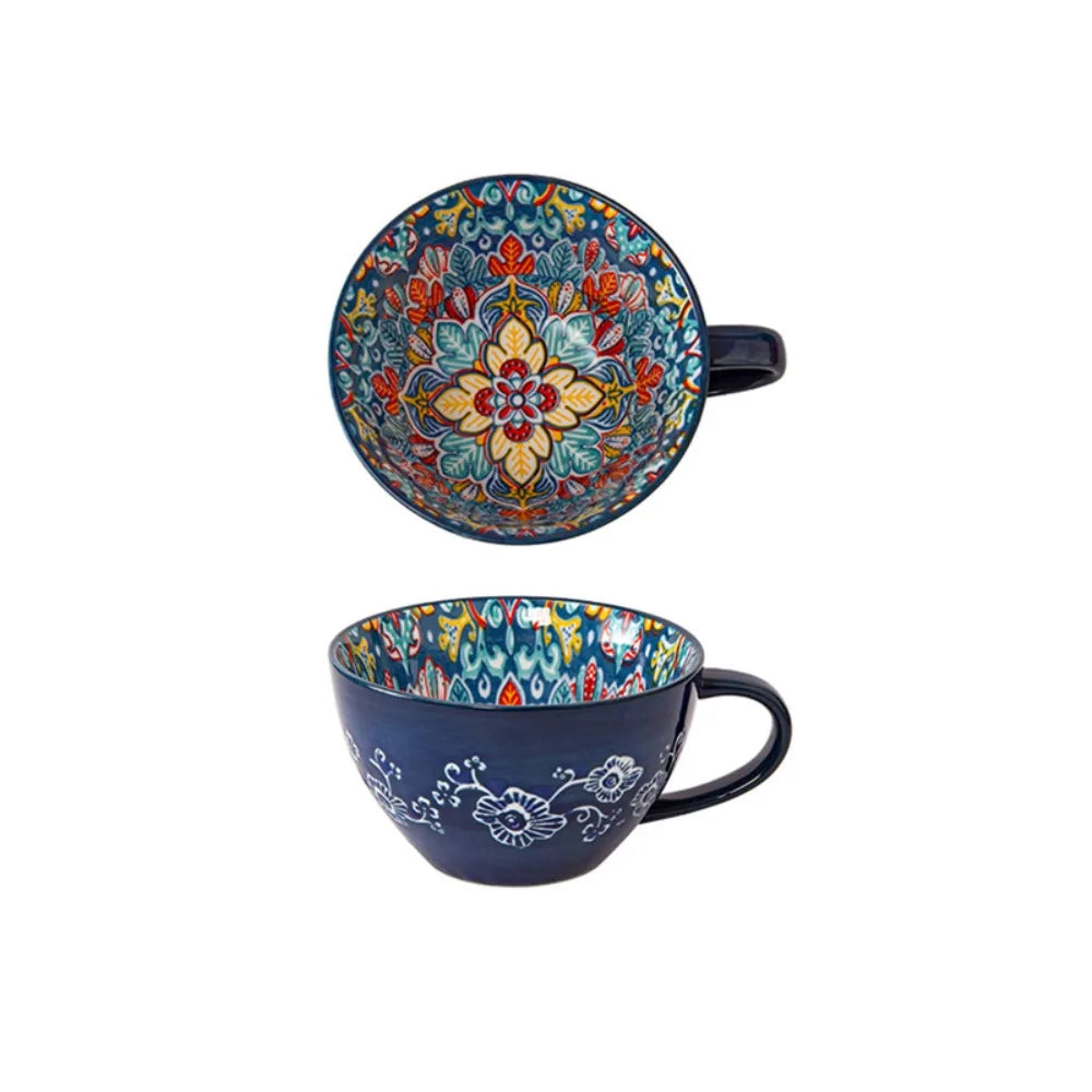Creative Ceramic Bohemian Breakfast Cup Retro Flower Pattern Coffee Mug Microwaveable Large Capacity Milk Cup Friend Gift
