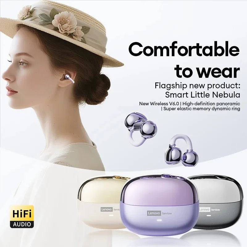Lenovo LE302 Open Ear Clip On Earbuds Bluetooth 6.0 Wireless Headphones ENC Noise Reduction HIFI Stereo 25H Touch Control