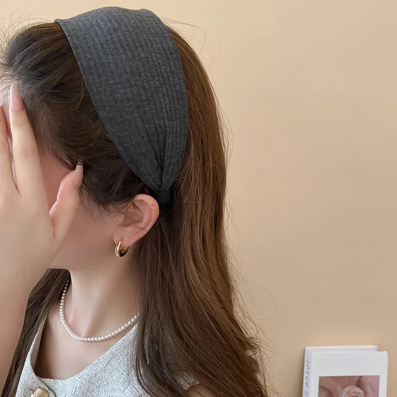 Solid Color Wide Edge Striped Yarn Headband High Head French Gentle Hair Accessory Popular Internet Celebrity Style