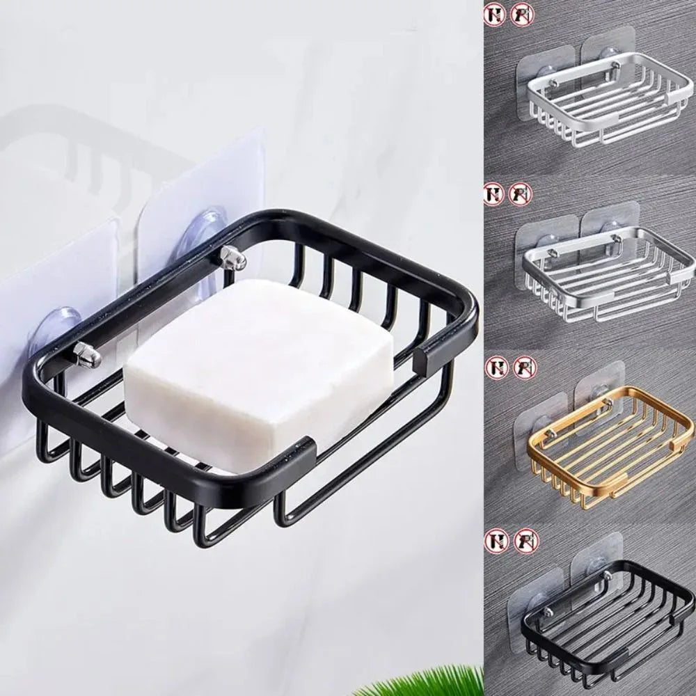 Aluminum Wall Mounted Soap Dish Self Adhesive Drill Free Hollow Drain Storage Tray For Bathroom Shower Accessories Soap Holder