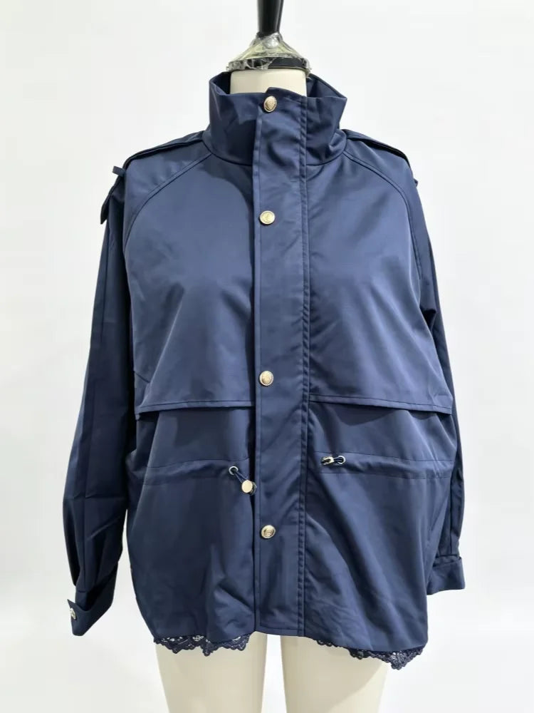 Women Lace Hem Cropped Trench Jacket Stand Collar Epaulet Button Closure Drawstring Waist Side Windbreaker Coat Ladies Outerwear