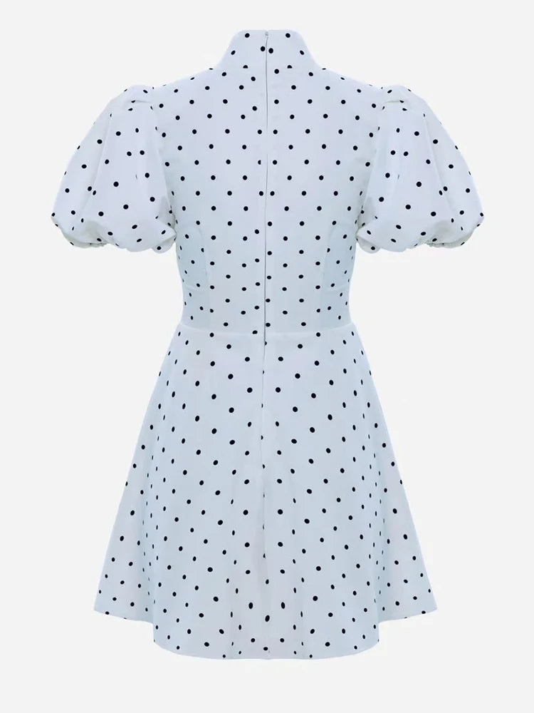 Retro Polka Dot Mini A-line Dress Elegant Stand Collar Puff Short Sleeve Waist-cinching Dresses 2026 New Lady Party Gowns