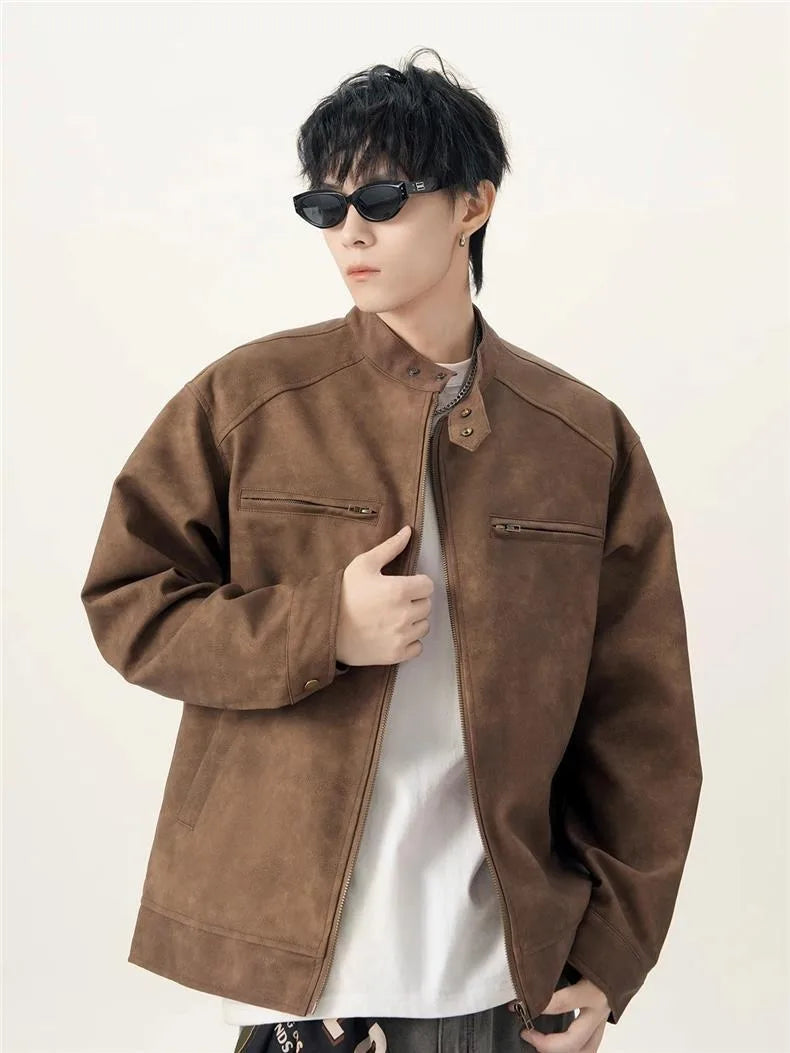 Men's American Retro Brown Leather Jacket Men Motorcycle Er Jacket Casual Baseball Varsity Coat Couple Streetwear Outerwear