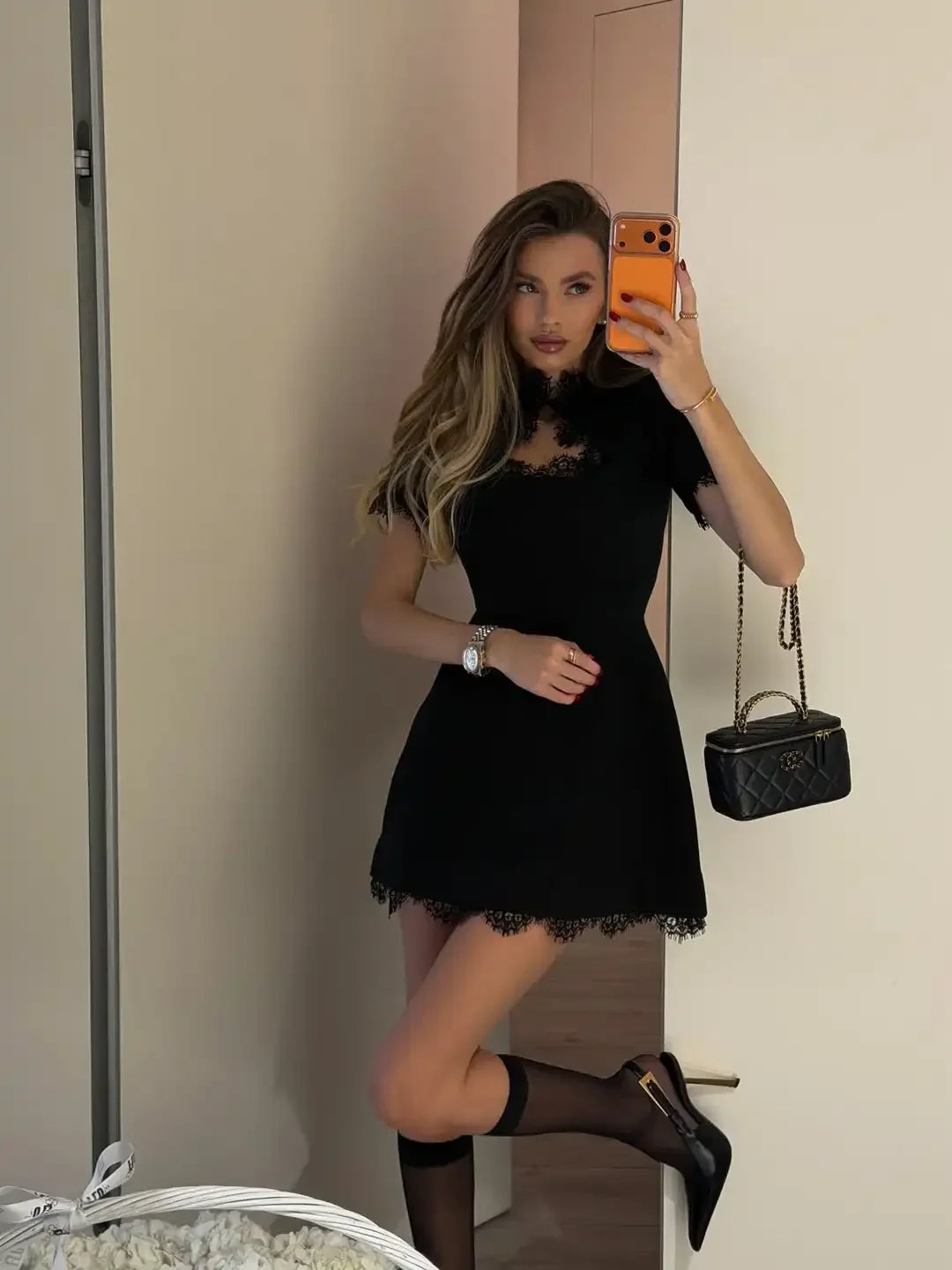 Black Lace Trim Hollow Out Mini Dress Women A-line Turtleneck Waist Cinched Short Sleeve Vestidos 2026 Lady Daily Party Gown