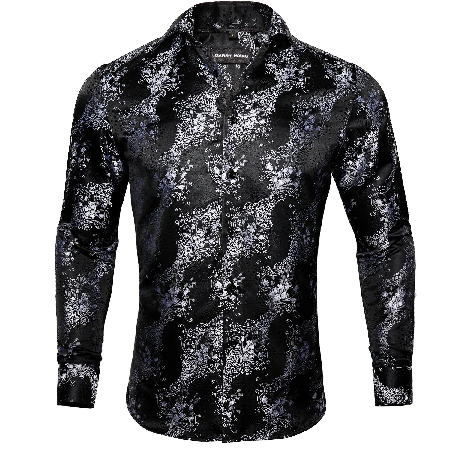 Barry.Wang Luxury Silk Mens Shirts Jacquard Floral Long Sleeve Formal Casual Breathable Male Blouses Wedding Business Prom Gift