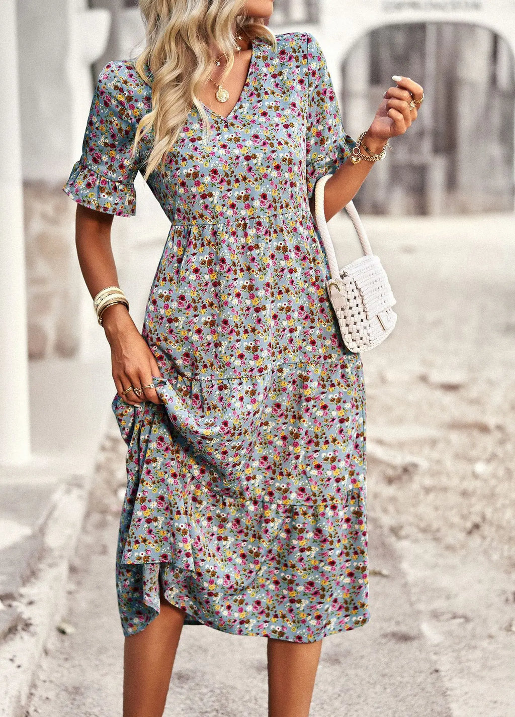 Msfilia Fashion V Neck Elegant Printed Dress Women Summer Short Sleeve High Waist A Line Floral Holiday Dresses