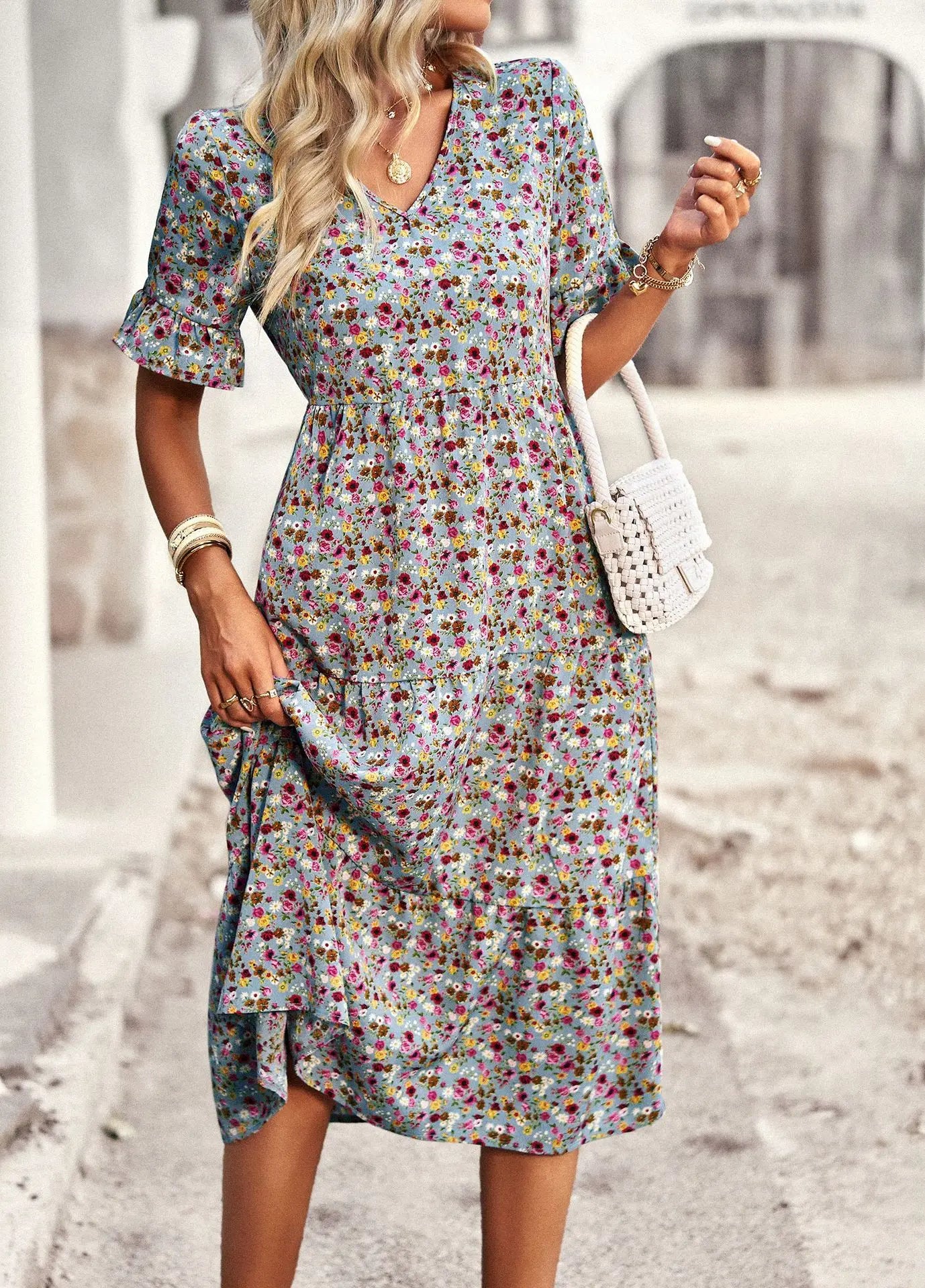 Msfilia Fashion V Neck Elegant Printed Dress Women Summer Short Sleeve High Waist A Line Floral Holiday Dresses