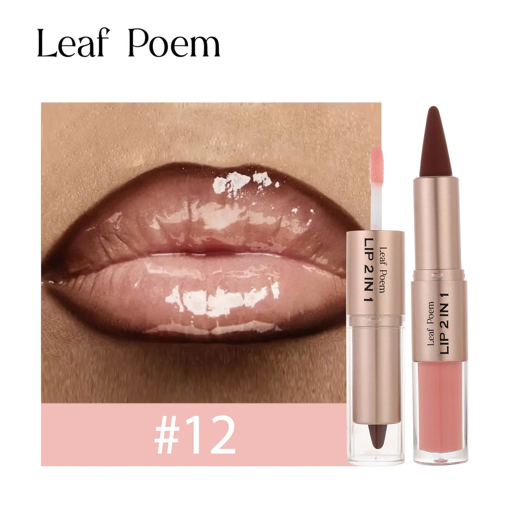 2 in 1 Lip Liner & Lip Gloss Waterproof Double Ended Matte Contour Pencil Crystal Mirror Lip Glaze Lasting Non Sticky Lip Makeup
