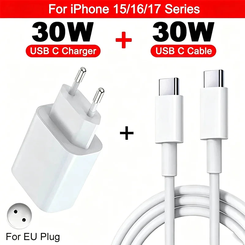 30W Charger USB Type C Fast Charger For iPhone 13 15 17 14 12 11 16 Pro Max Plus PD Charger Charging Cable Accessories