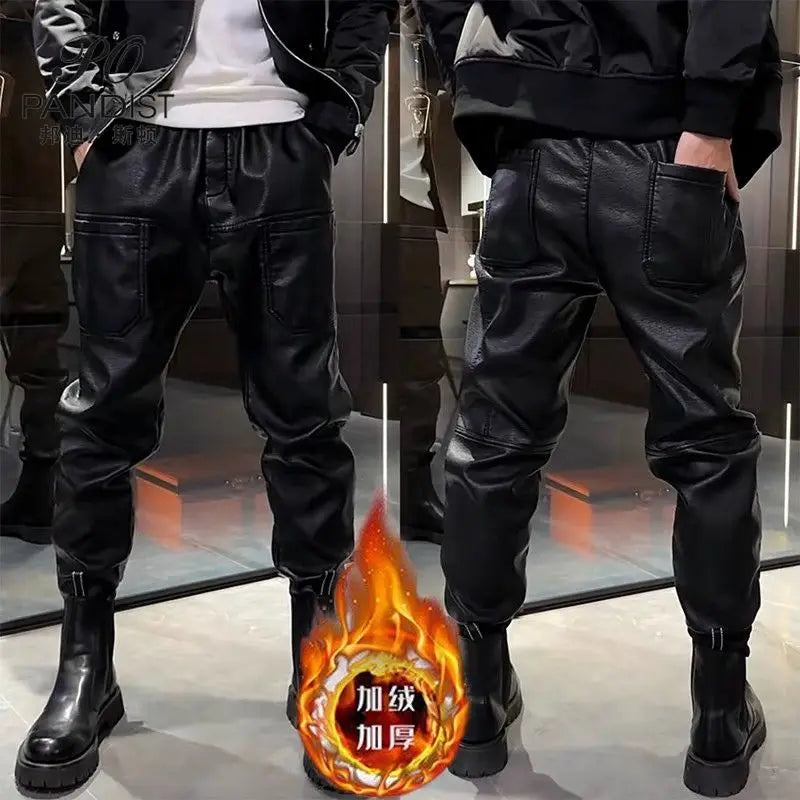 Fashion 2024 Men's Loose Elastic Waist Faux Leather Winter Pants Six Pockets Fleece Thcik Black Pu Punk Design Trousers Male