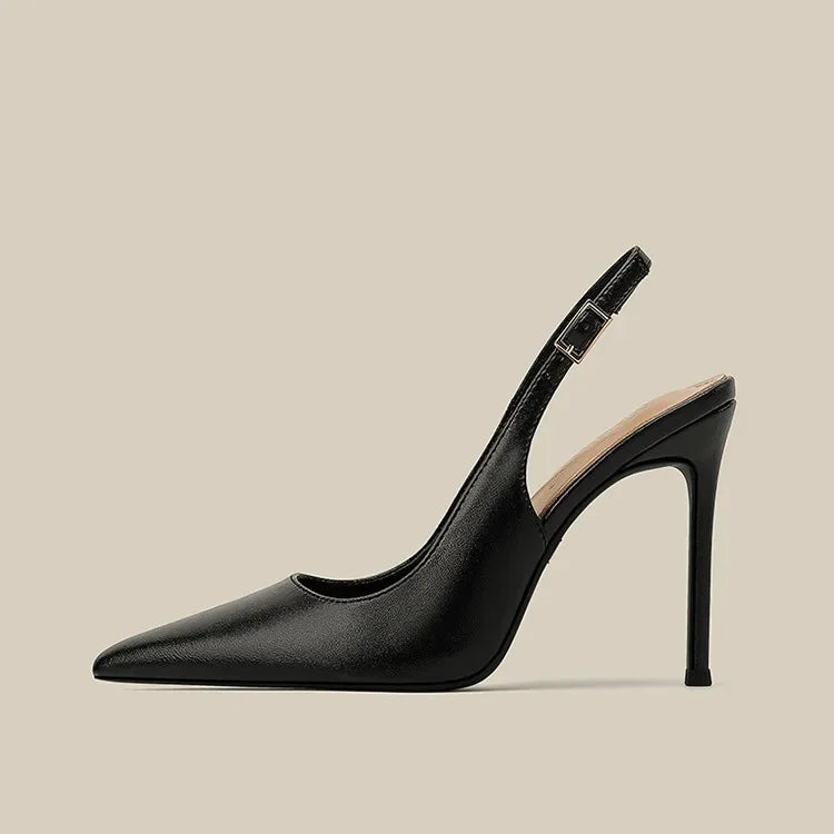 2026 New Slim Heel Flat Buckle Toe Back Empty Sandals with Pointed Soft Leather Toe Strap for Women's Commuting Single Shoes
