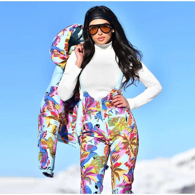 Women's Printed Hooded Ski Jackets Jumpsuit Sets Long Sleeve Zipper Short Coats Straight Leg Overalls 2026 Winter Lady Ski Suits
