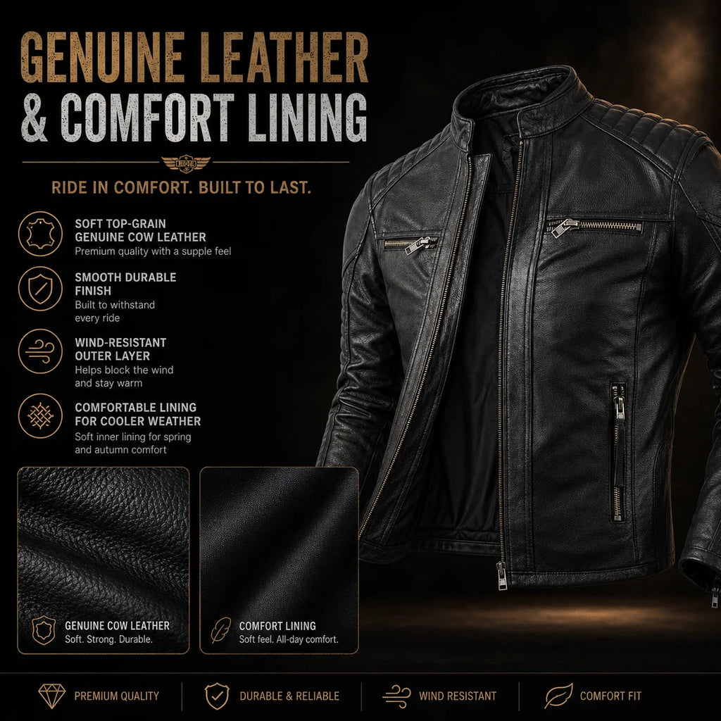 New Motorcycle Causal Vintage Leather Coat Men Autumn Outfit Fashion Biker Pocket Design Top Layer Cow Leather Jacket