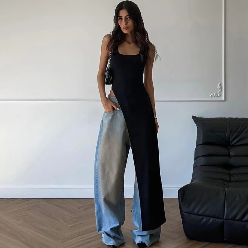Sexy Sleeveless Side High Split Midi Dress Backless Women's Summer Party Club Streetwear Y2K Style Solid Color