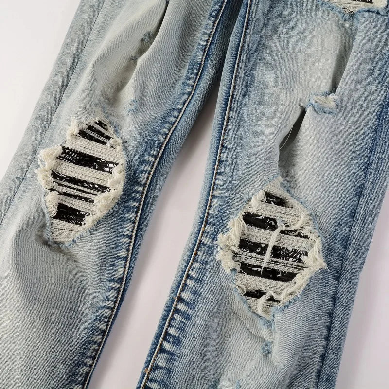 Men Paisley Bandana Print Patch Jeans Streetwear High Stretch Denim Pants Holes Ripped Patchwork Skinny Tapered Trousers