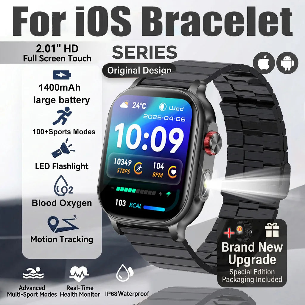 New1400mAh Military Grade Smart Watch 600 hours Battery Life 5ATM Waterproof BT Call Alert LED Flashlight 100+Sports Watches Men