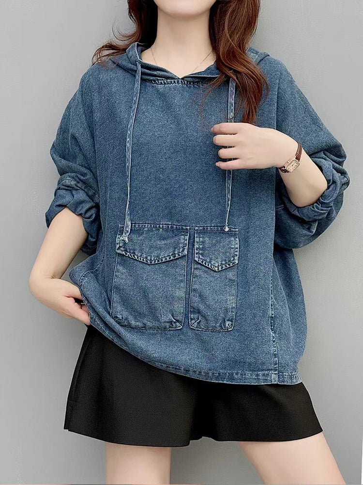Amax LuluE Designer Winter Fashion Clothes Womens Loose Hooded Denim Hoodies Ladies Classic Oversized Vintage Casual Sweatshirts