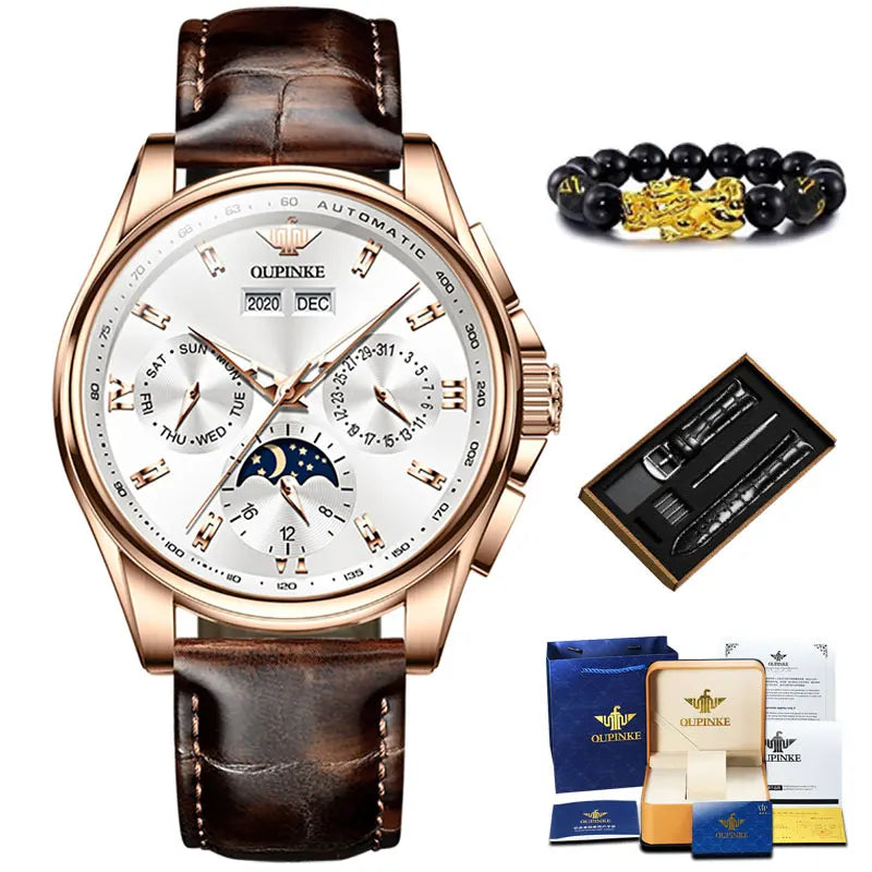 OUPINKE Top Men's Automatic Mechanical Wrist Watch Leather Strap Luxury Business Multi functional Lunar Phase Dial Reloj Hombre