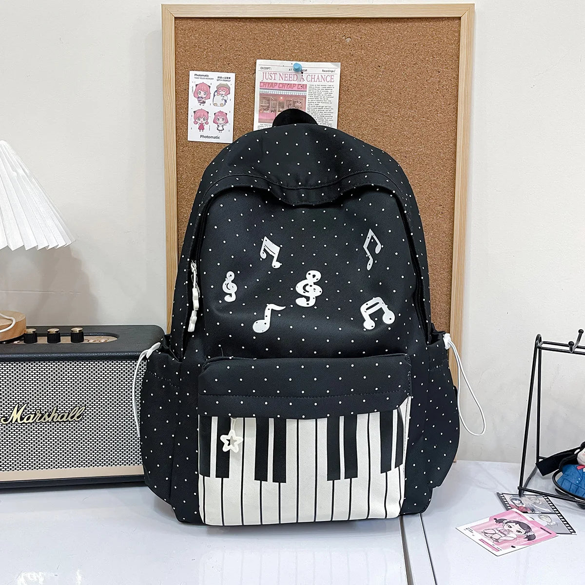 Polka Dot Piano Keyboard Backpack Back-to-school Girl Music Theme Embroidered Nylon Backpack Large Capacity Lightweight Backpack