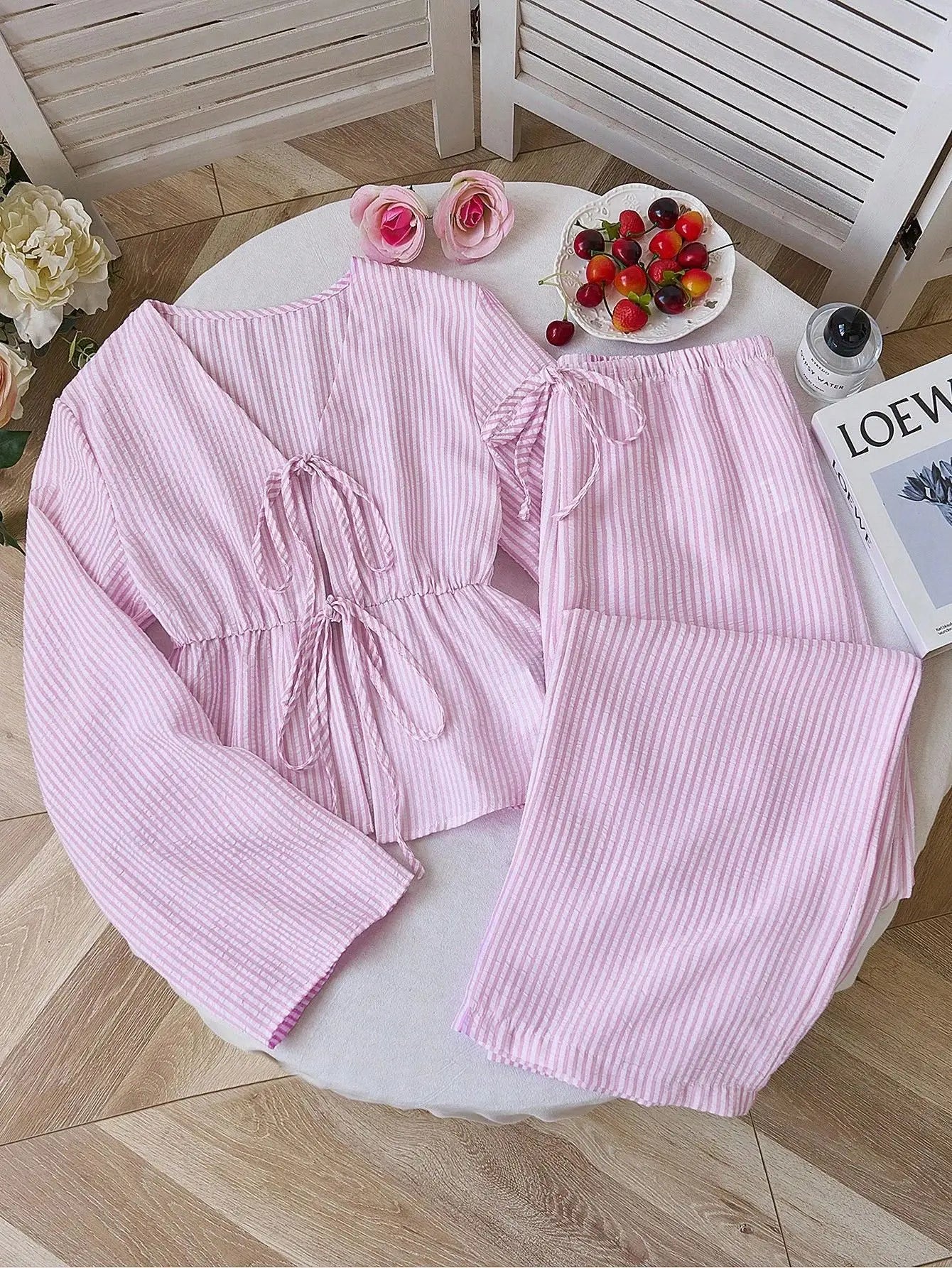 2026 Summer Two Piece Set Women Striped V Neck Lace Up Sleeveless Blouse High Waist Wide Leg Pants Suits Sweet Casual Tracksuits