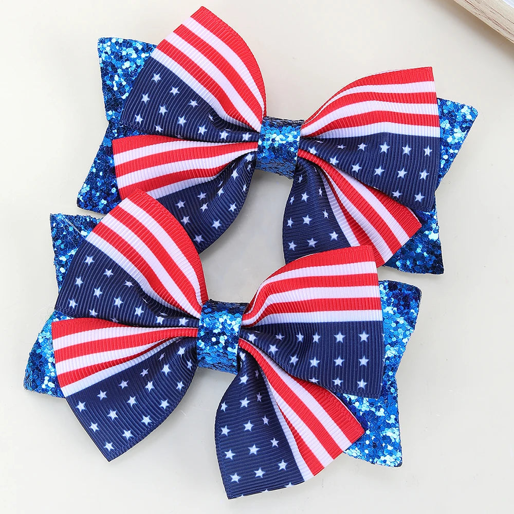 2Pcs USA Flag Bow Hair Clip Ribbon Patriotic American Flag Design Red White Blue Bow Barrettes For 4th Of July Party Accessories