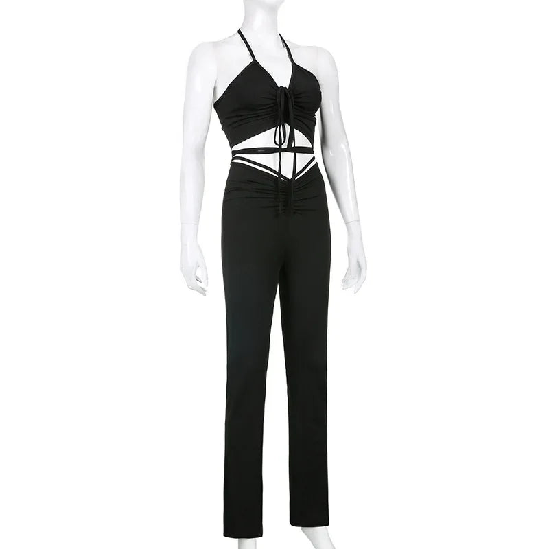 Solid 2 Piece Sets Womens Outfits Neck-mounted Halter Top Low Waist Long Pants Set Conjuntos Feminino Elegante Ensemble Femme