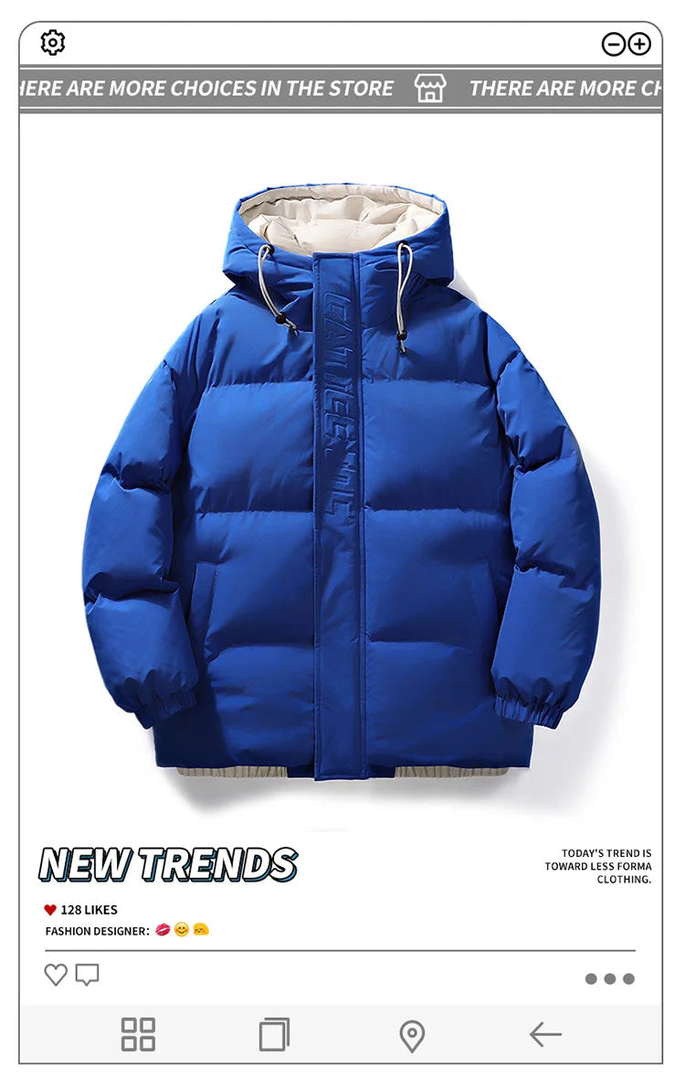 Mens Couple Fashion Cotton Padded Jacket Winter Thick Fleece Lined Hooded Coat Streetwear Parka Outerwear