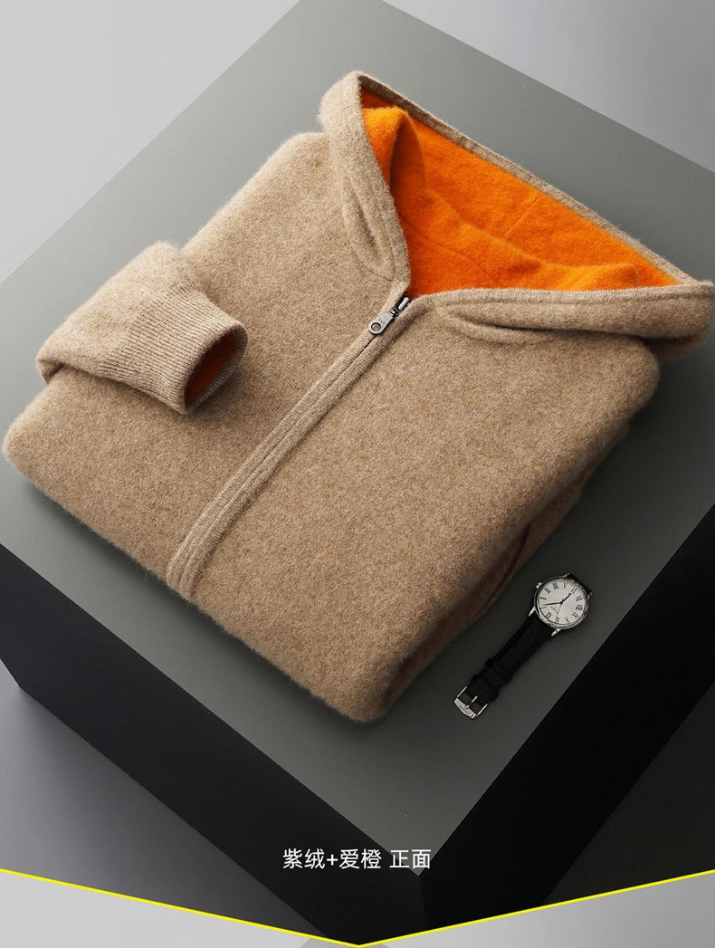New Men's 100% Merino Wool Double Sided Wearable Hooded Sweater Casual Autumn Winter Coat Long Sleeved Men's Wool Sweater Tops