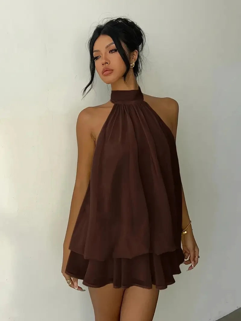 Women Halter Neck Backless Tie Mini Dress Summer Sleeveless Chiffon Ruffle Short Dresses Sexy Club Party Beach Vacation Outfit