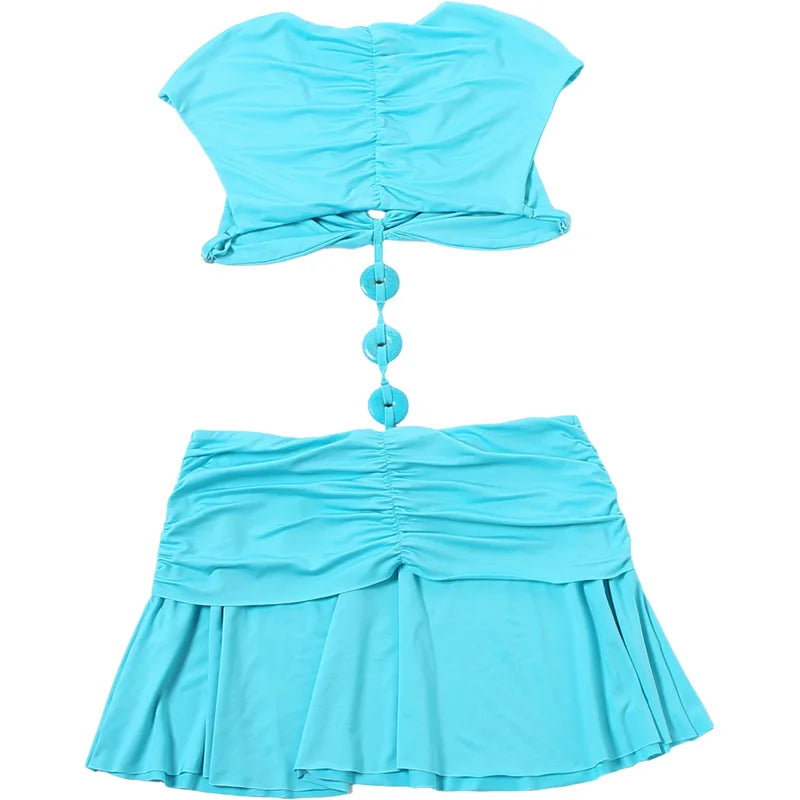 Blue Deep V Waist Cut Out Mini Dress Three Ring Connector O Ring Detail Ruched Sexy Beach Music Festival
