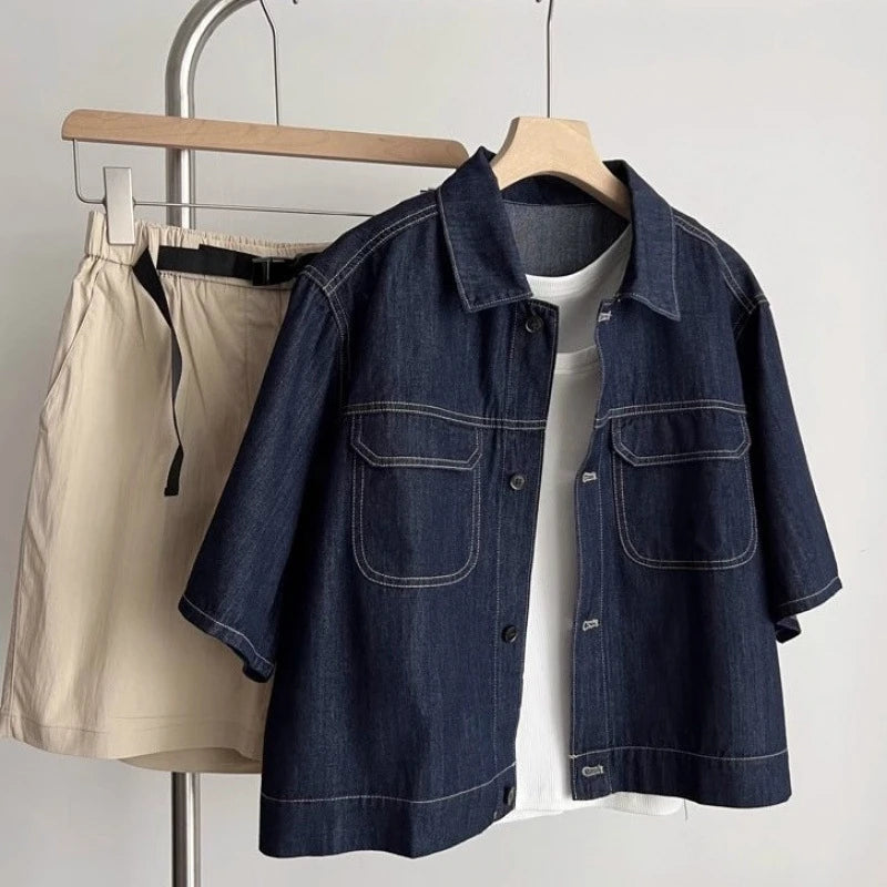 Retro Thin Casual Denim Short Sleeve Jacket Women 2025 Summer High-End Elegance Top Denim Shirt  Female