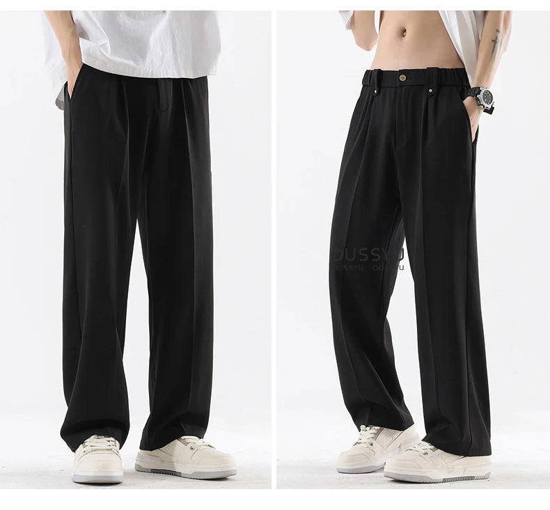 Spring Summer Smooth Casual Pants Men Business Elastic Waist Black Grey Khaki Suit Trousers Male Work Office Plus Size S-5XL