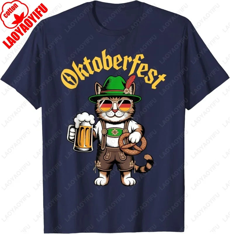 Funny Oktoberfest Cute Cat Pretzel Beer Funny Party Adults T-Shirt Fashion Y2k Streetwear Men Woman High Quality Cotton Tees