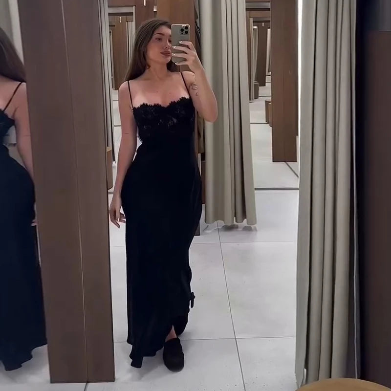 Lace Bust Satin Slip Dress Spaghetti Strap Back Split Elegant Maxi Night Vestido 2026 Summer Banquet Party Women Gentle Grown