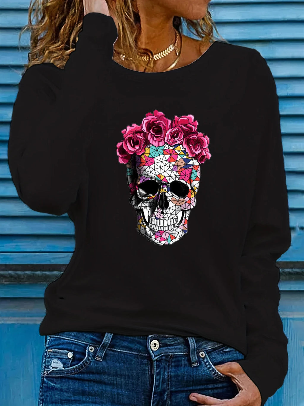 100% pure cotton women's spring and autumn loose casual skull and rose graphic printed long sleeved round neck T-shirt