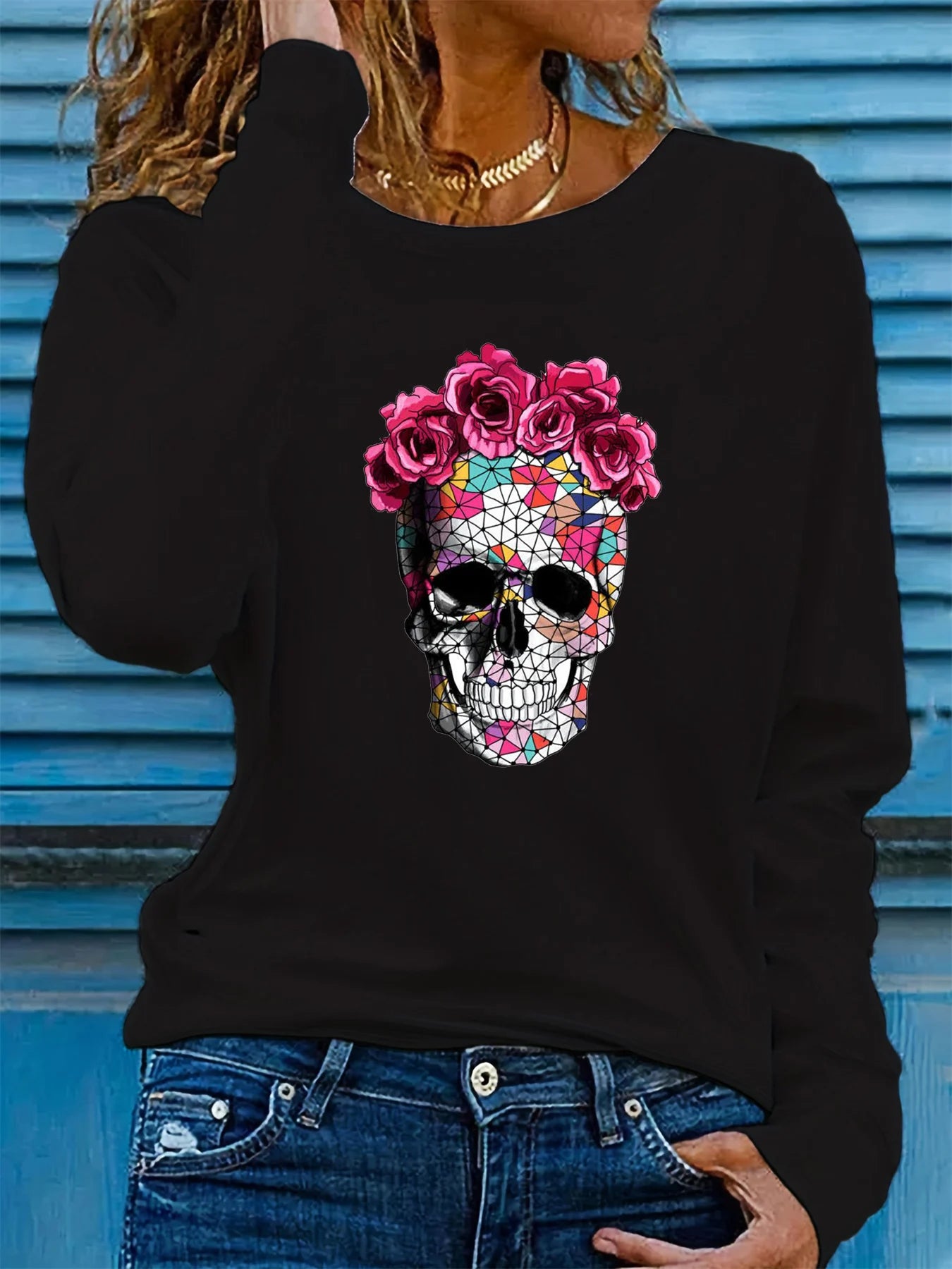 100% pure cotton women's spring and autumn loose casual skull and rose graphic printed long sleeved round neck T-shirt