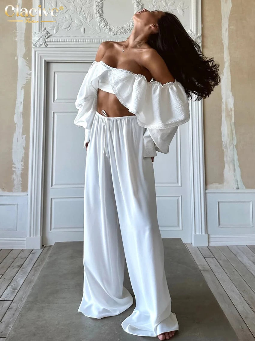 Clacive Sexy Slim White Women's Top 2025 Fashion Square Collar Long Sleeve Crop Top Elegant Classic Solid Tops Female Clothing