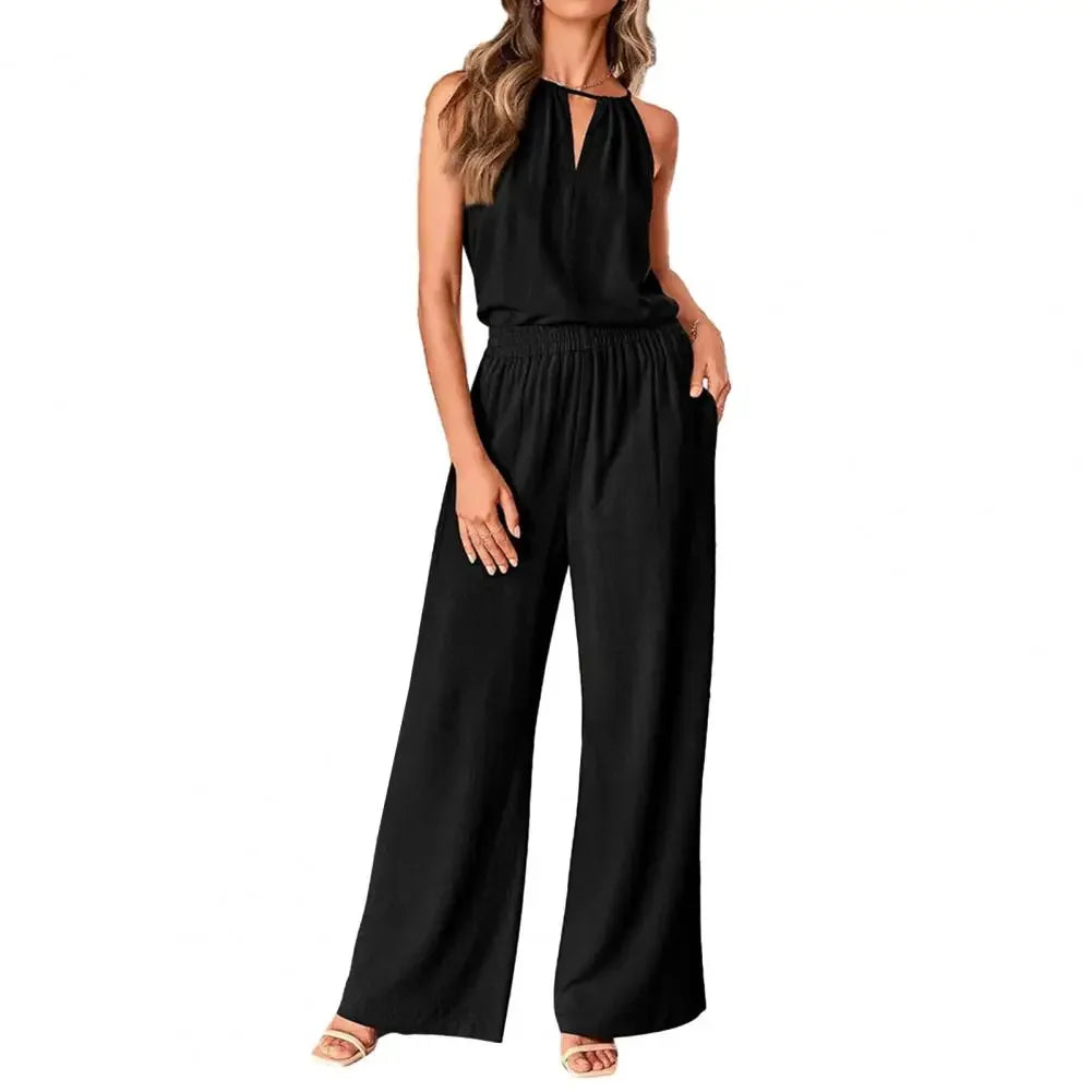 Summer Fashion Retro 2 Piece Set for Women Casual Solid Color Sleeveless Off Shoulder V Neck Top Straight Wide Leg Pants Suits