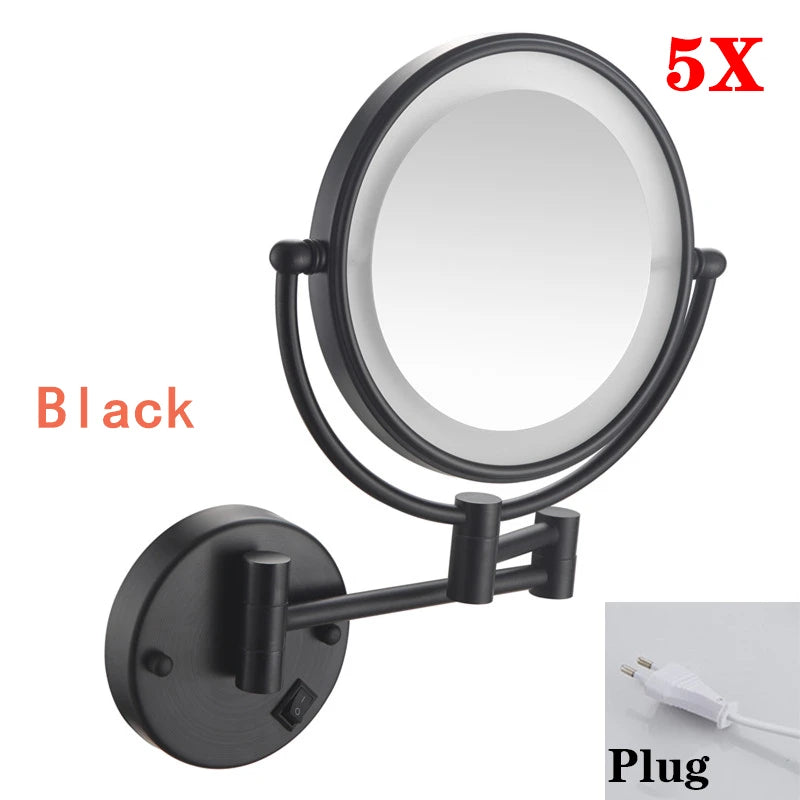 Brushed Gold LED Makeup Mirror with Brass Folding Bathroom Mirrors of 8 Inch 3X 5X Maynifying Makeup Mirror Dual Face LED Mirror
