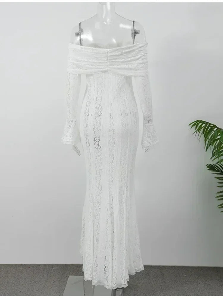 White Lace Flare Off Shoulder Dress Women Elegant Sexy Hollow Out Long Sleeve Slim Dresses 2026 Spring Lady Mermaid Floor Robe