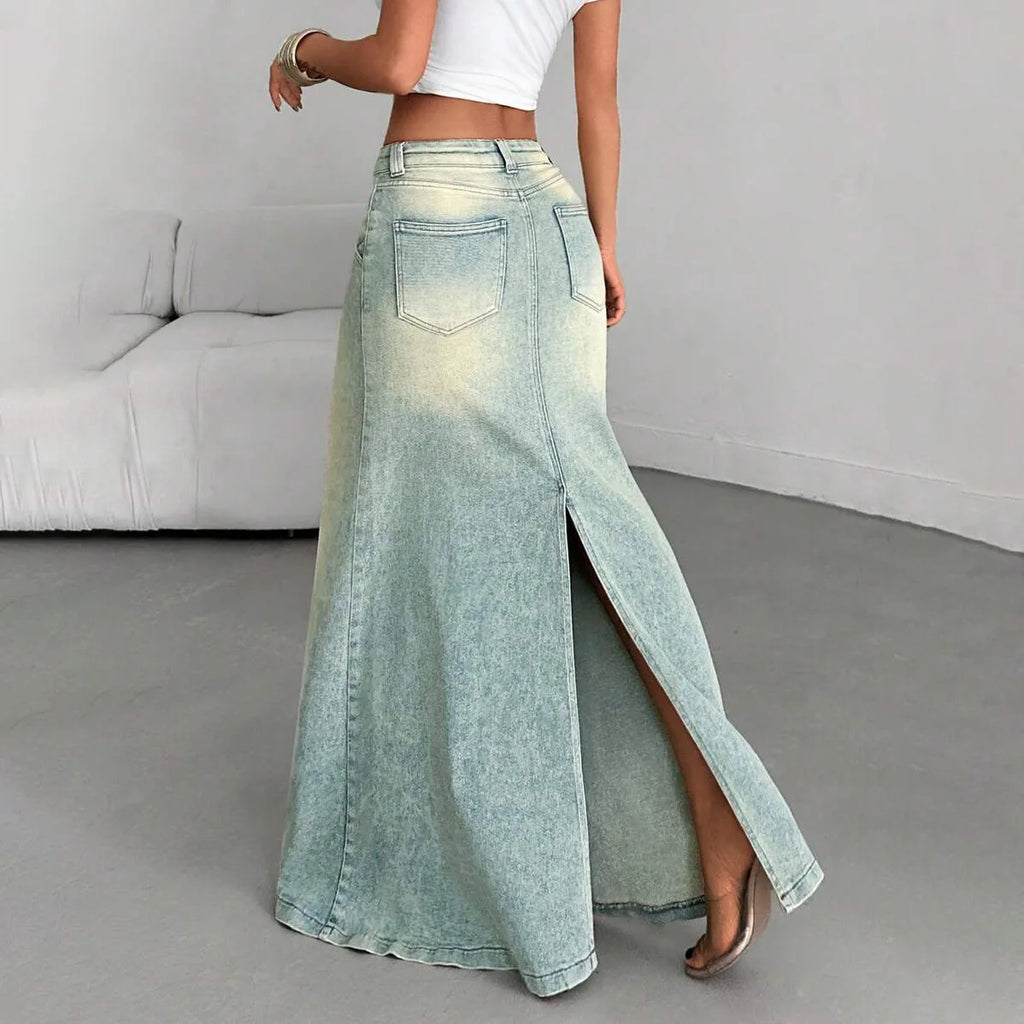 Denim Old Floor-length Slit Skirt for Women, Low Waist, Slimming, Fashionable and Trendy, Versatile for Everyday Use