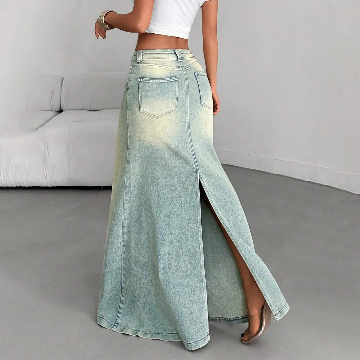 Denim Old Floor-length Slit Skirt for Women, Low Waist, Slimming, Fashionable and Trendy, Versatile for Everyday Use