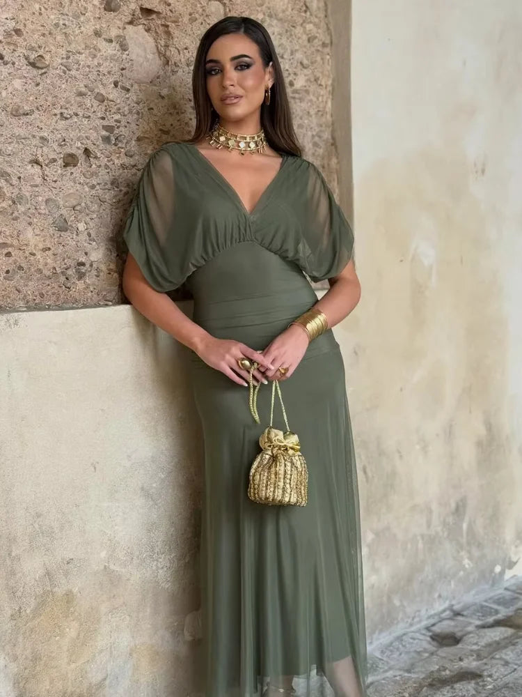 Women Solid Deep V-neck Mesh Long Dress Elegant Puff Short Sleeve Ruched Waist High Vestidos 2026 Summer Lady Casual Street Robe
